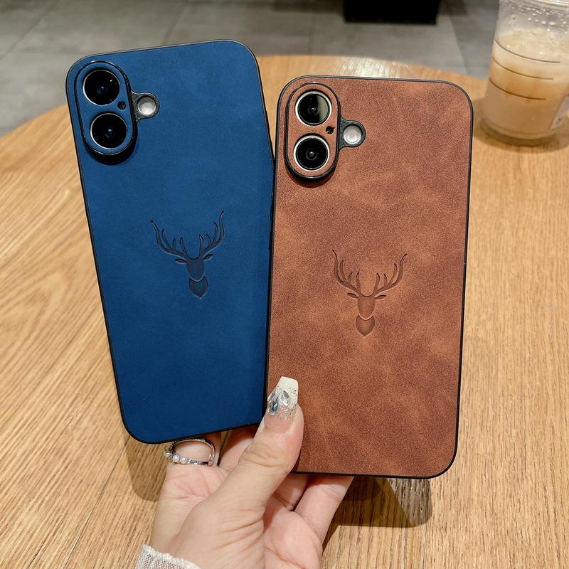 

Роскошный однотонный кожаный тонкий чехол для iPhone 16 15 Pro Max 14 Plus 13 12 Pro 11 с рисунком лося, мягкий противоударный чехол из ТПУ для защиты камеры телефона iPhone 16 чёрный