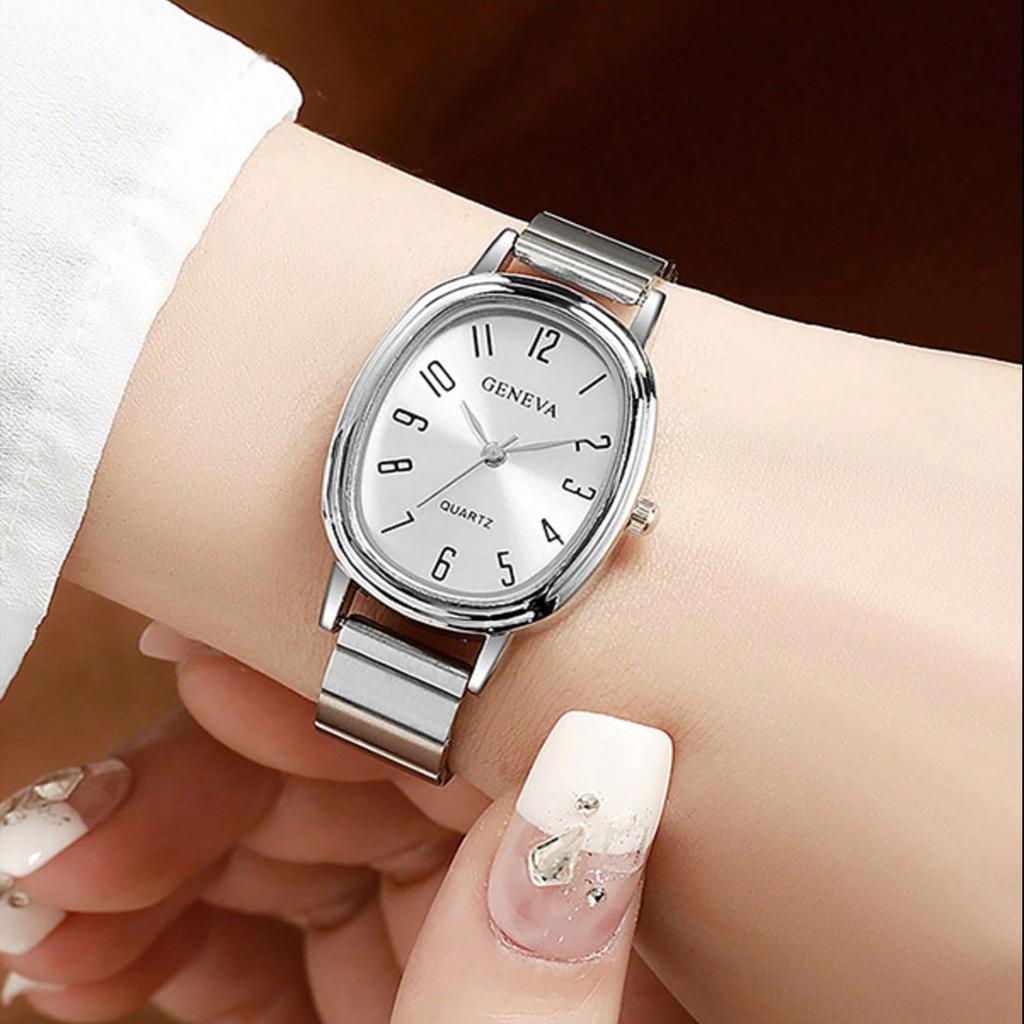 6pcs/Set-Elegant Ladies' Oval Quartz Watch with Alloy Bamboo Steel Strap Is The First Choice for Ladies To Give Gifts