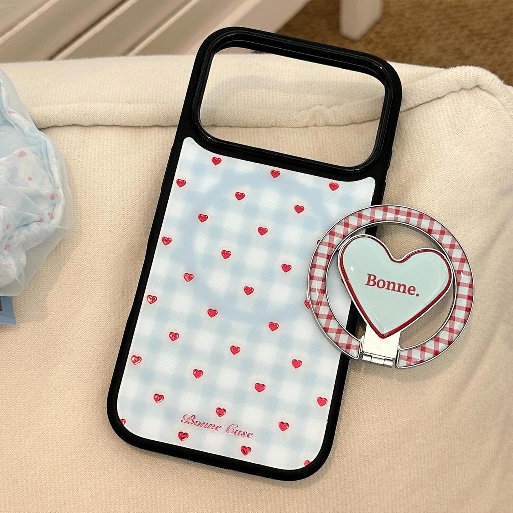 Niebieskie Kratkowane Etui na Telefon z Serduszkowym Stojakiem dla iPhone 16, iPhone 17, iPhone 17 Pro Max