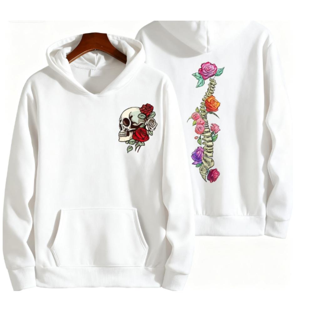 Men's Casual Hoodie Autumn/winter Gothic Skull with Rose Spine Dark Aesthetic Sportswear