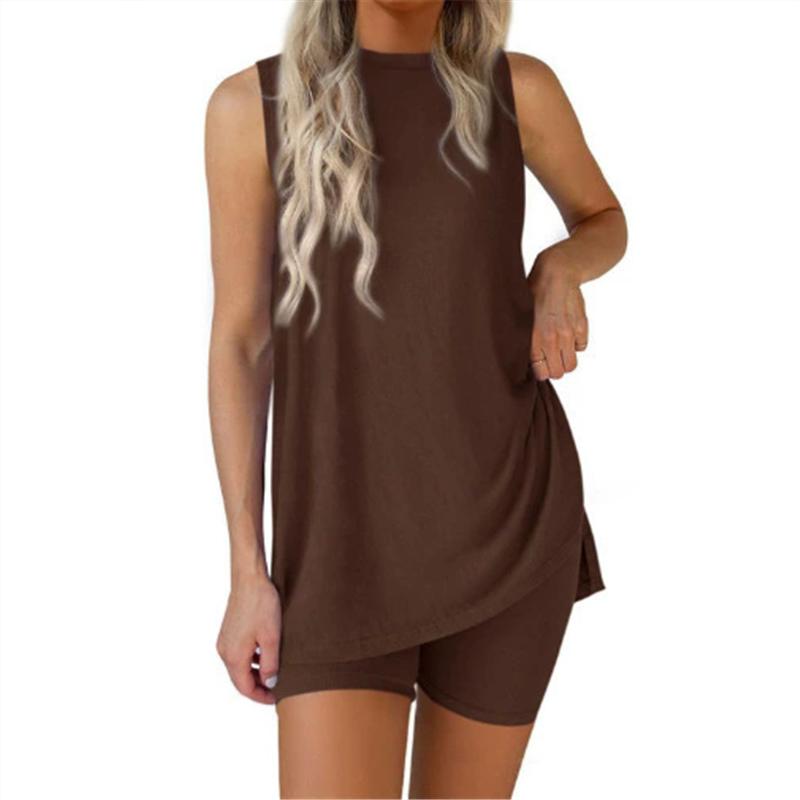 Damen Mode Sets Ärmellos Rundhals Hoher Schlitz Pullover Tanktop + Elastische Taille Skinny Shorts Sommer Outfits