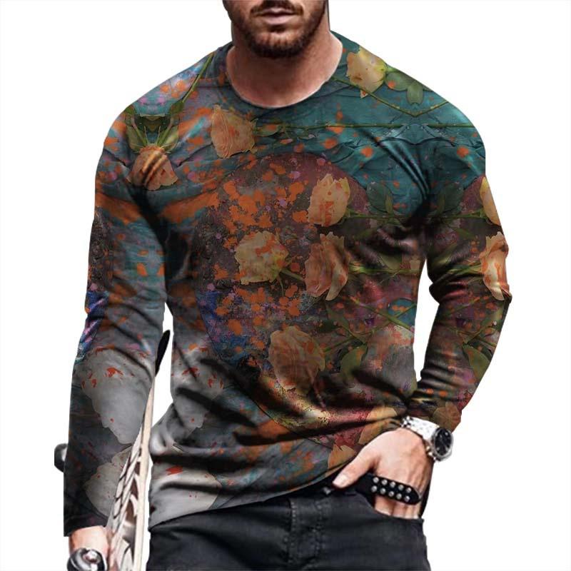 Casual Rose 3D Digital Printing Men'S Casual Fashion Long Sleeve Crew Neck T-Shirt