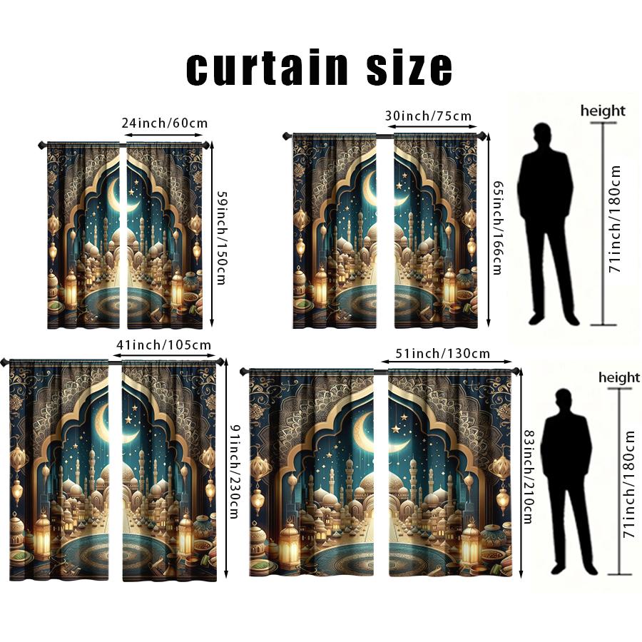 2 Stück Blau Gold Islamische Stadtansicht Vorhänge   Eleganter Stil   Schlafzimmer Wohnzimmer   Stangentasche Dekorative Vorhänge