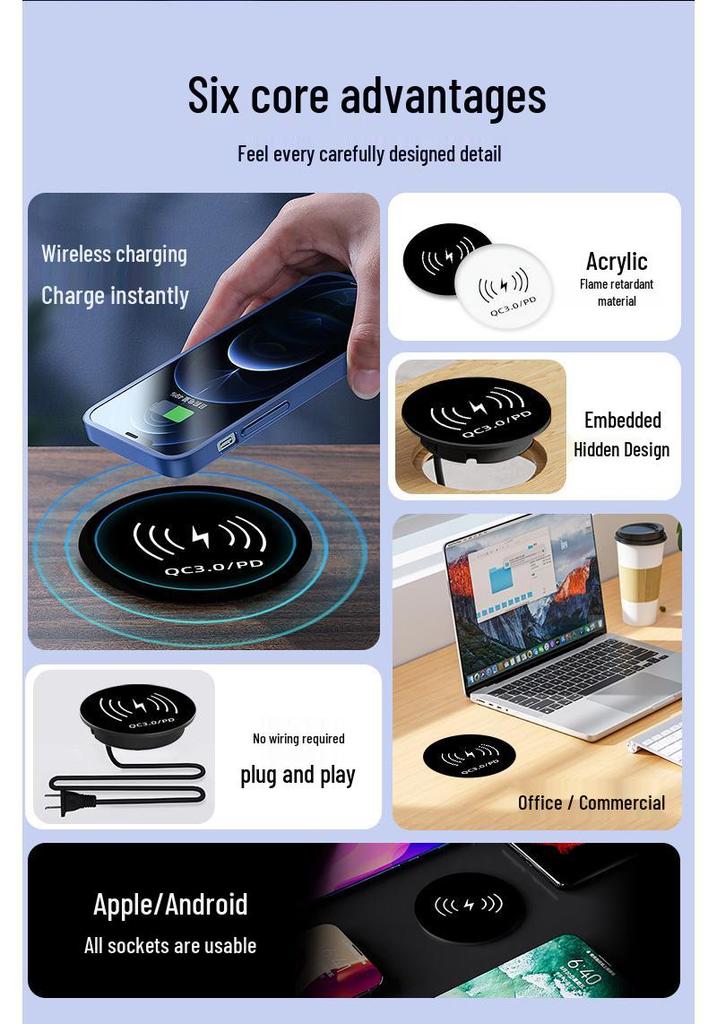 Built-in Wireless Charger Power Strip with Direct Plug-in for Hidden Desktop and Phone