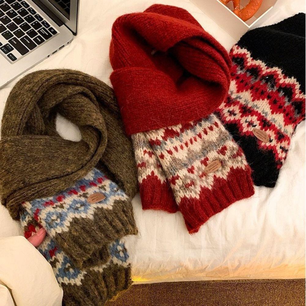 Wool Winter Cashmere Scarves Thicken Fair Isle Style Shawl Simple Jacquard Knitted Scarf Girl