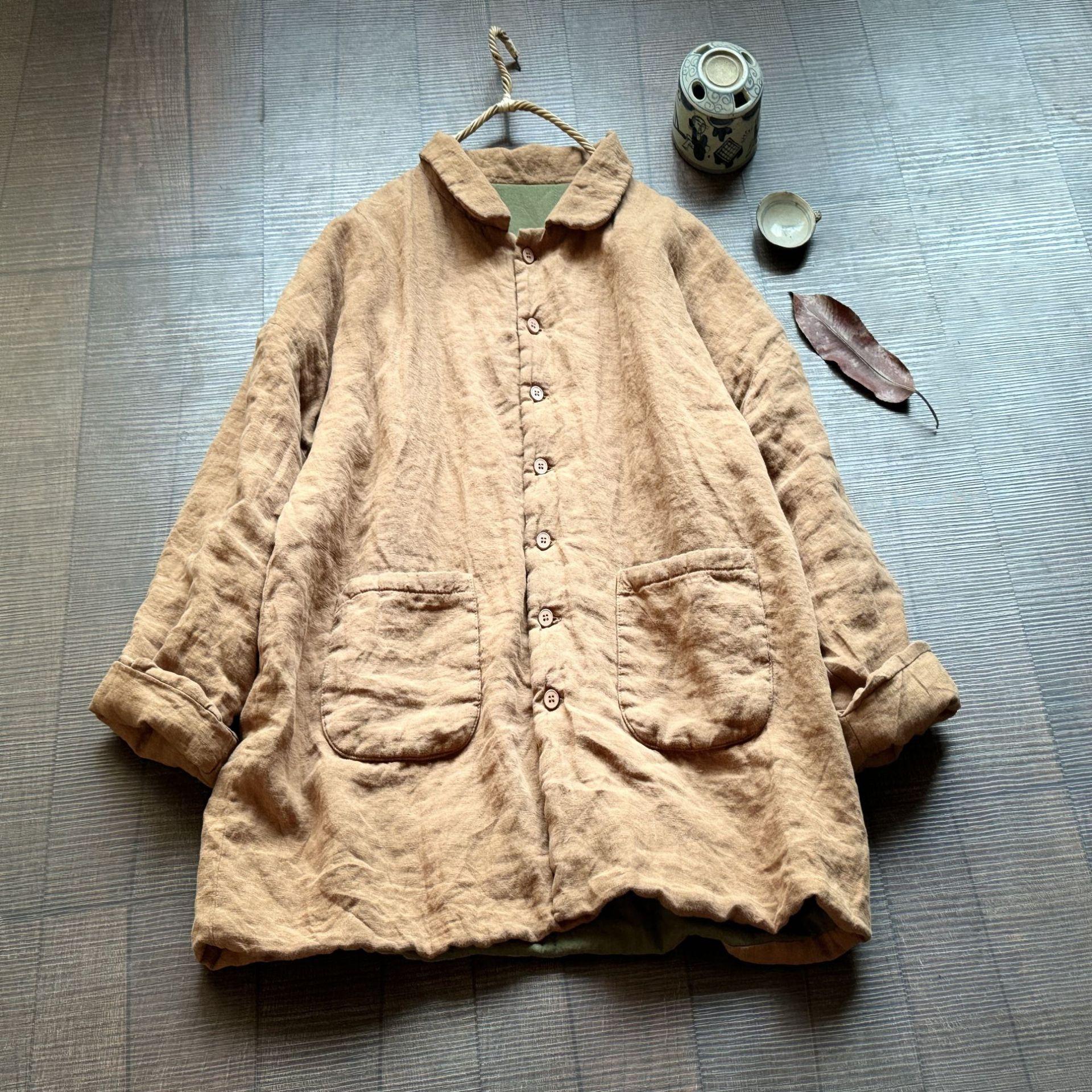 

Johnature Женское зимнее пальто в китайском стиле с карманами на пуговицах, с длинным рукавом и отложным воротником, однотонное женское One Size