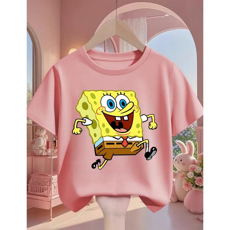 Summer Cute SpongeBob SquarePants Cartoon T Shirt 3-14Y Boys Girls Kawaii Fashion Street Hot Casual Crew Neck Kids