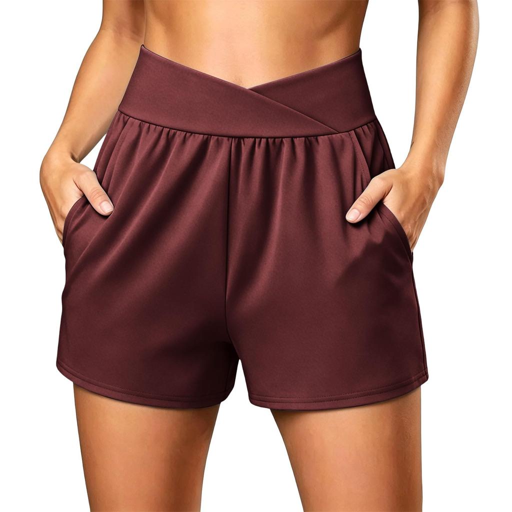 Women's Summer Casual Sport Yoga Shorts with High Waist Cross Waistband and Side Pockets Lightweight Breathable Fabric