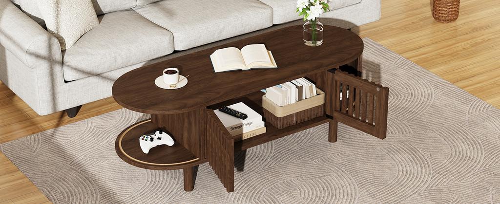 Coffee Table 100×40×38cm, MDF, Oval Living Room Table, 2 Slatted Doors & Roller Door, Solid Wood Legs, Up To 30kg Load Capacity, Walnut Wood Color