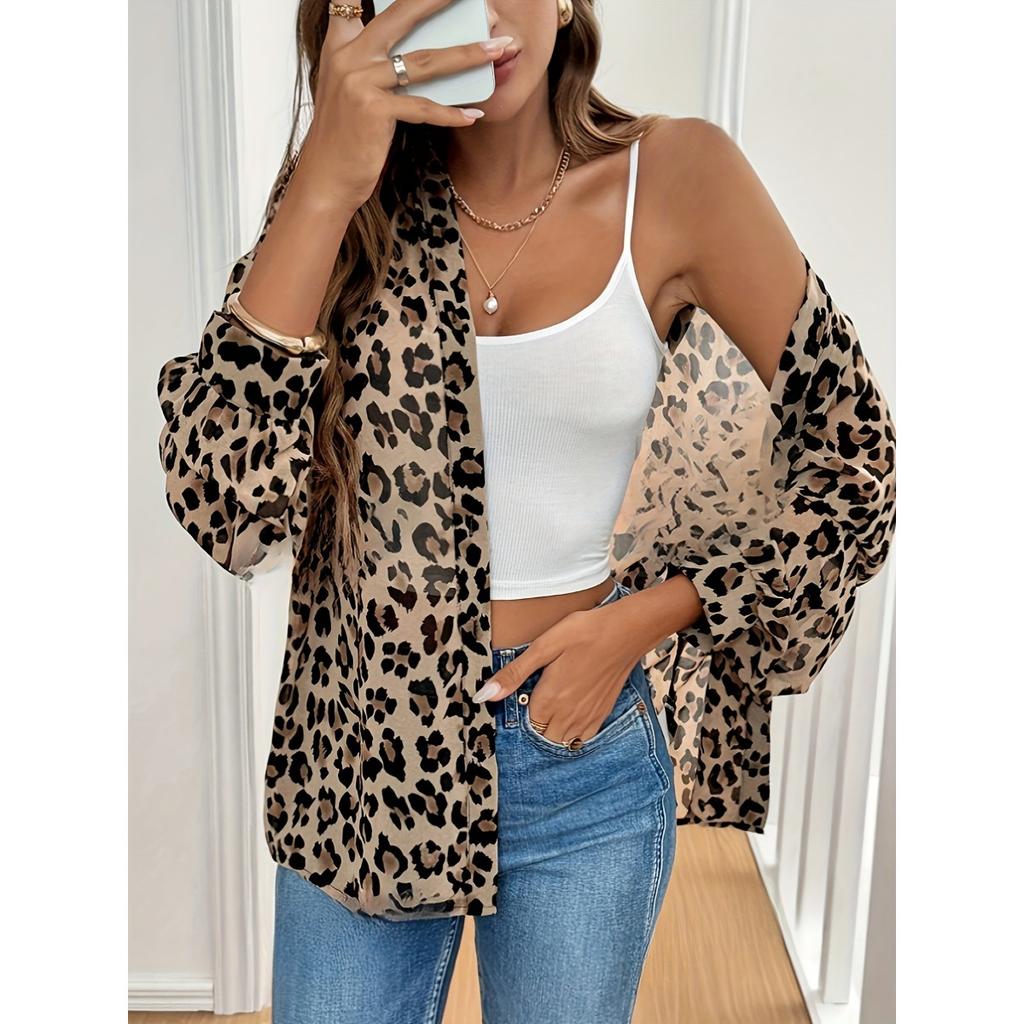 New Elegant Leopard Print Long Sleeve Loose Blouse Top for Women, Casual Shirt for European American Crossborder