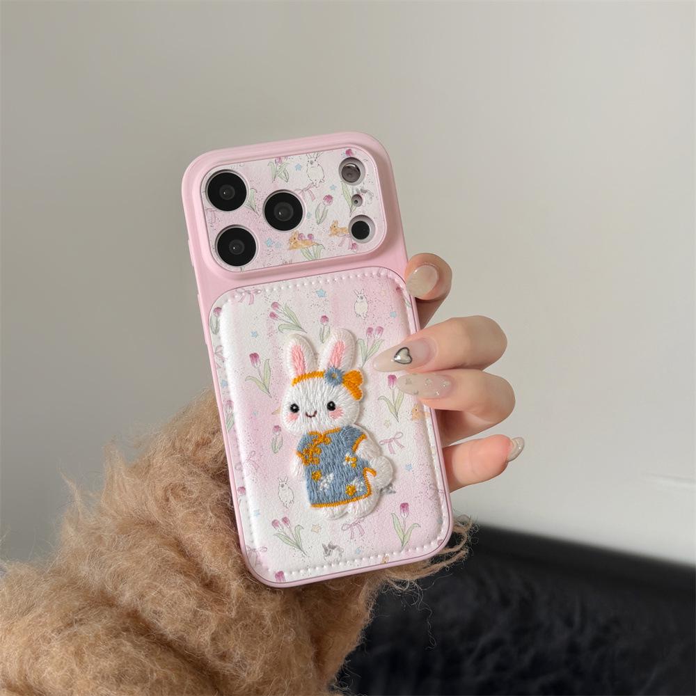 Large Window Rabbit Embroidery iPhone 15/14 Pro Max Anti-Fall Case
