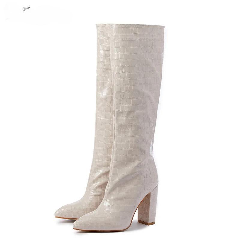 New Fashion Women's Boots Solid Color Snake Pattern Women Knee-High Boots Pointed Toe Winter Ladies Long Booties Handmade Shoes