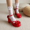 Sapatos Lolita de Couro Envernizado Brilhante Feminino Vermelho Noiva Festa de Casamento Tiras Plataforma Mary Janes Bombas Tira no Tornozelo Bloco Salto Cubano