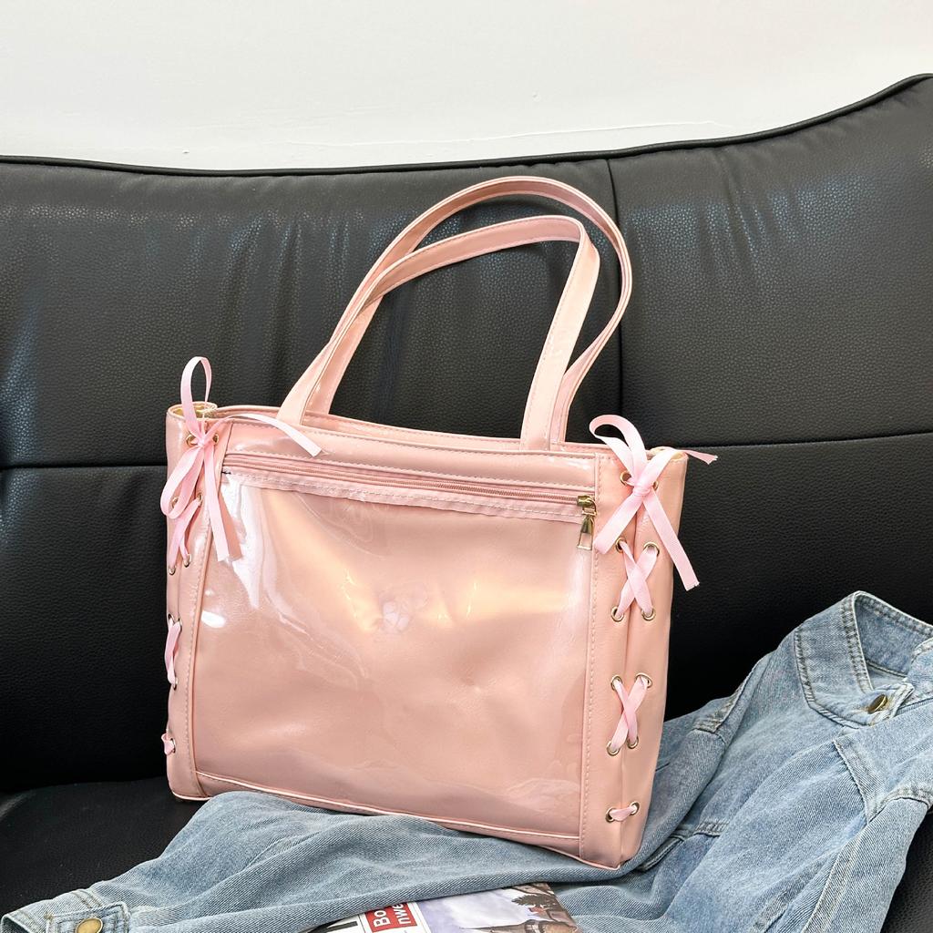 This Year's Popular Ribbon Bow 2025 Cute Large-capacity Splicing Transparent Fashion Shoulder Portable Tote Bag