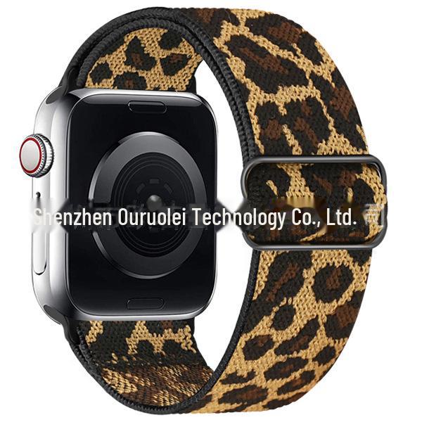 

Регулируемый эластичный нейлоновый ремешок для Apple Watch iWatch7 — одинарная петля со скользящей пряжкой. 42/44/45/46/49mm чёрный/леопардовый