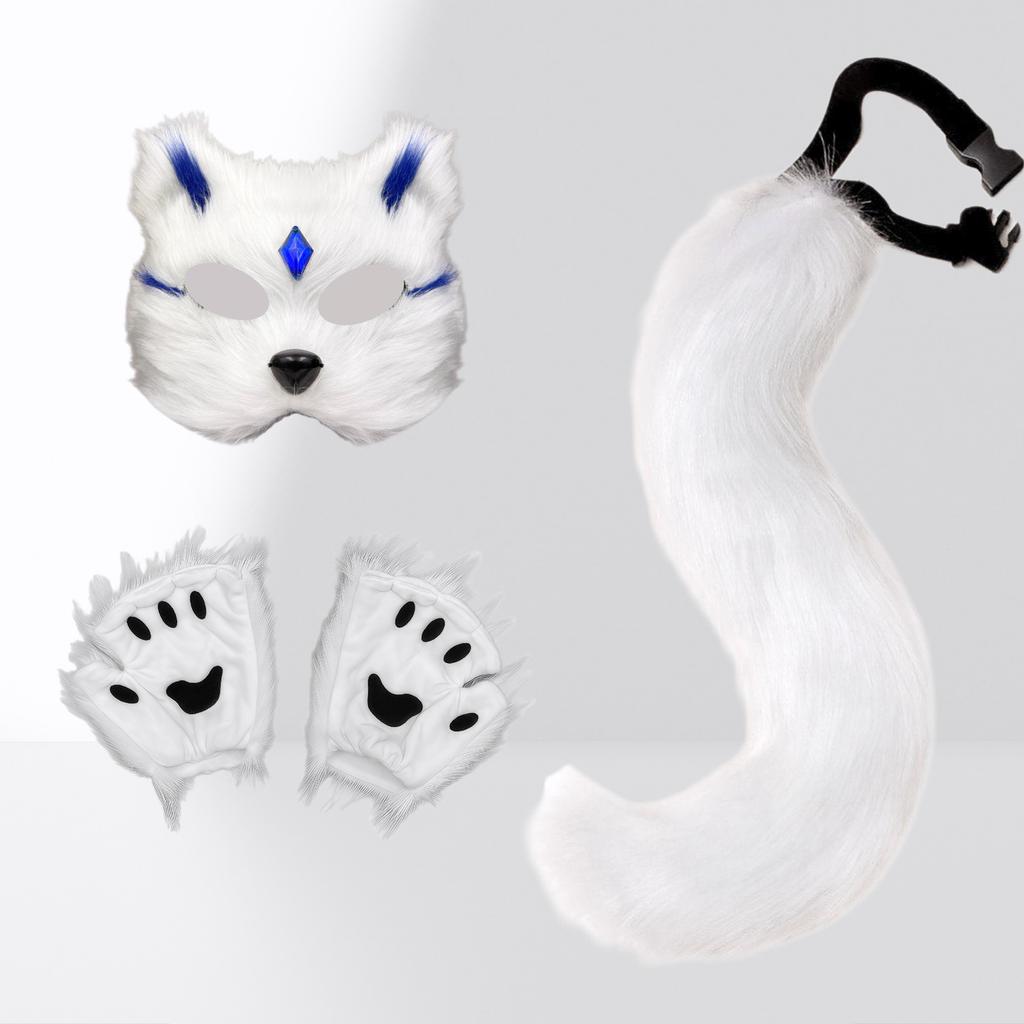 fox ears cos A Halloween set of plush gloves with animal claws, animal ears, and animal tails, along with a face mask and tail for women