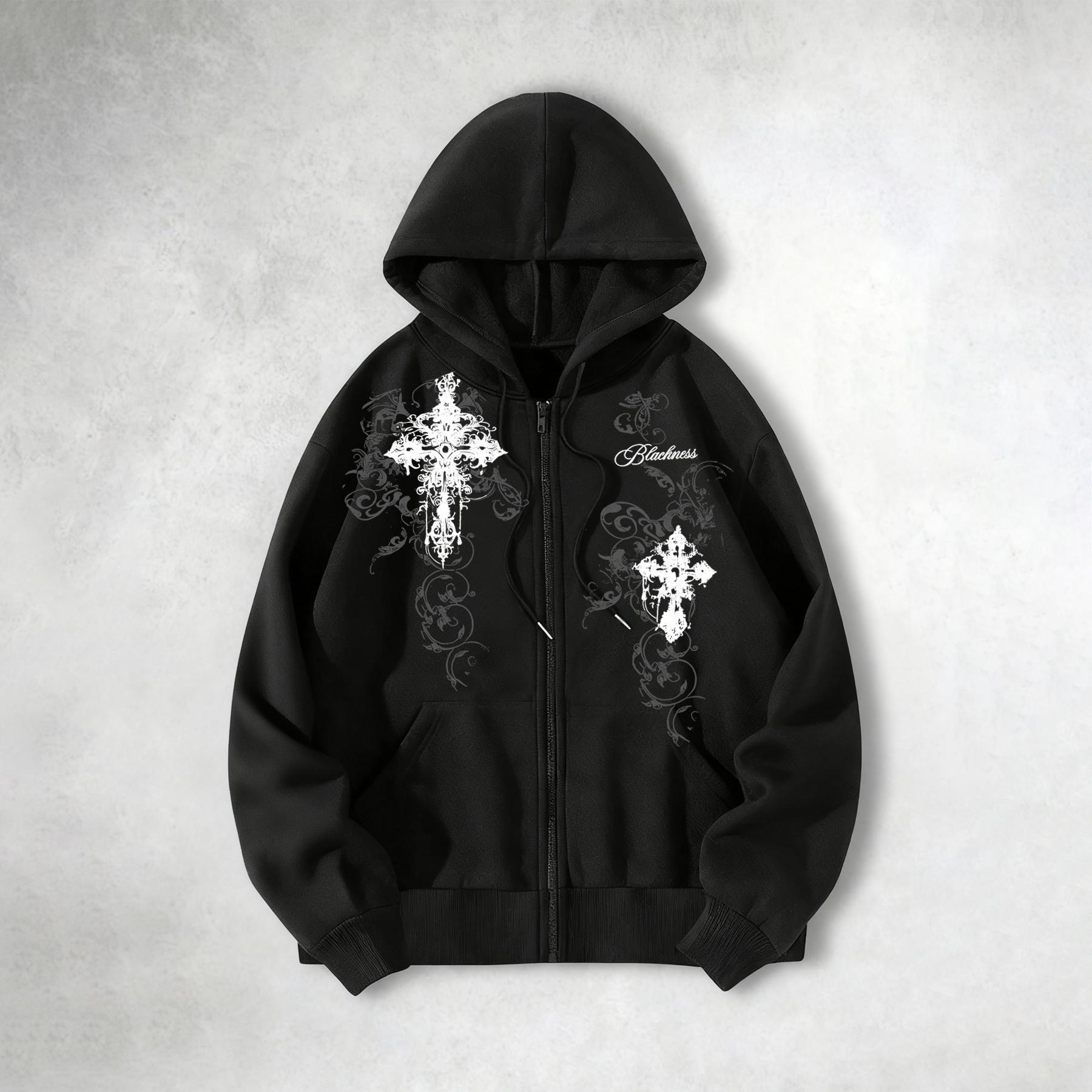 Dark-Style Symmetrical Vine Pattern Gothic Cross Print Full-Zip Hoodie, Fall Casual Everyday Versatile Zip-Up Hoodie L чёрный