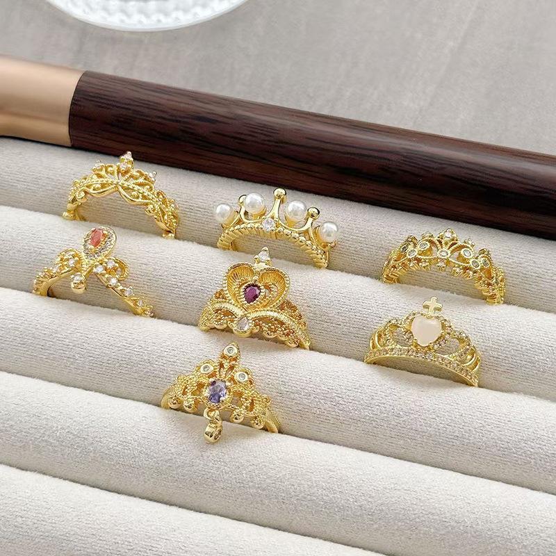 Anel Aberto de Contas de Coroa de Luxo Leve Vintage Medieval Zircônia Requintada Estilo Corte Retrô Francês Anel de Dedo Indicador