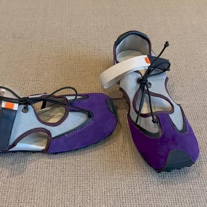 

Cowhide version~ Versatile casual fashion color matching hollow round head light mouth single shoes women s Velcro functional ballet shoes 35 фиолетовый