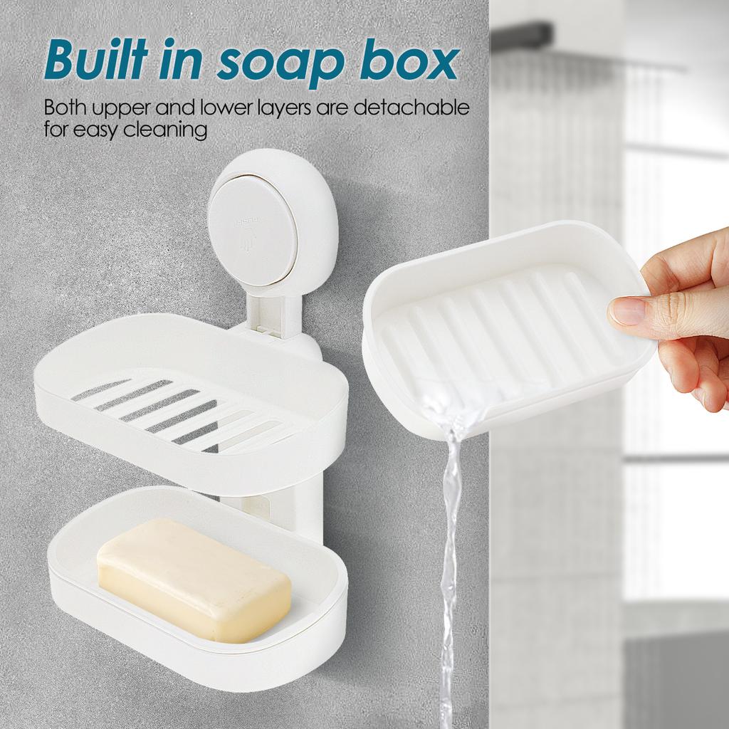 No Drilling Suction Cup Soap Holder Plastic Double Layer Soap Dish Removable Strong Load Bearing Showerfor Bathroom Kitchen