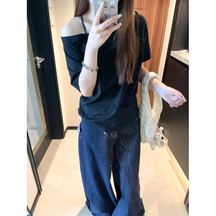 

No price reduction #Irregular pure desire slanted shoulder short-sleeved t-shirt ins trendy loose and thin solid color chic top women s summer XL чорний