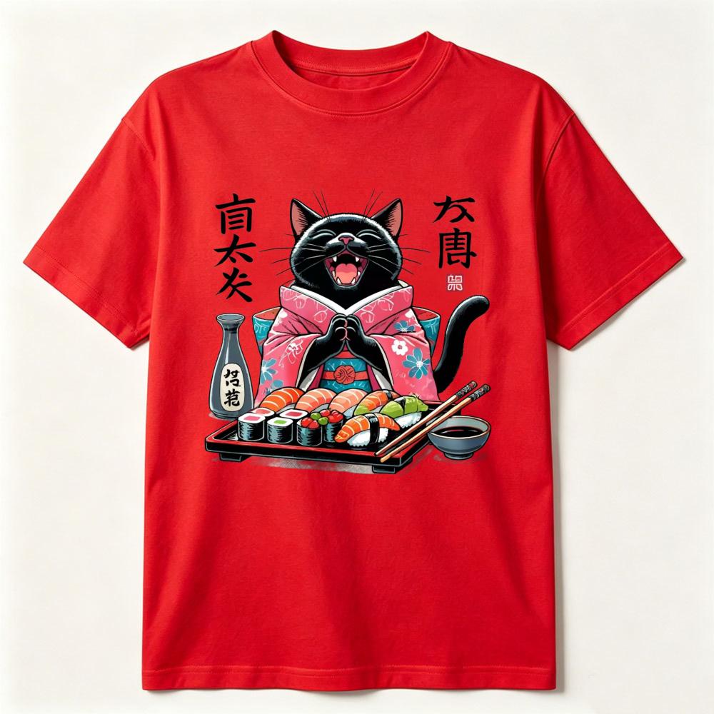 Sushi Loving Cat Graphic Tee Japanese Style Black Kitten Kawaii Food Lover Gift Unisex Unisex Fashion Top Cotton Shortsleeve