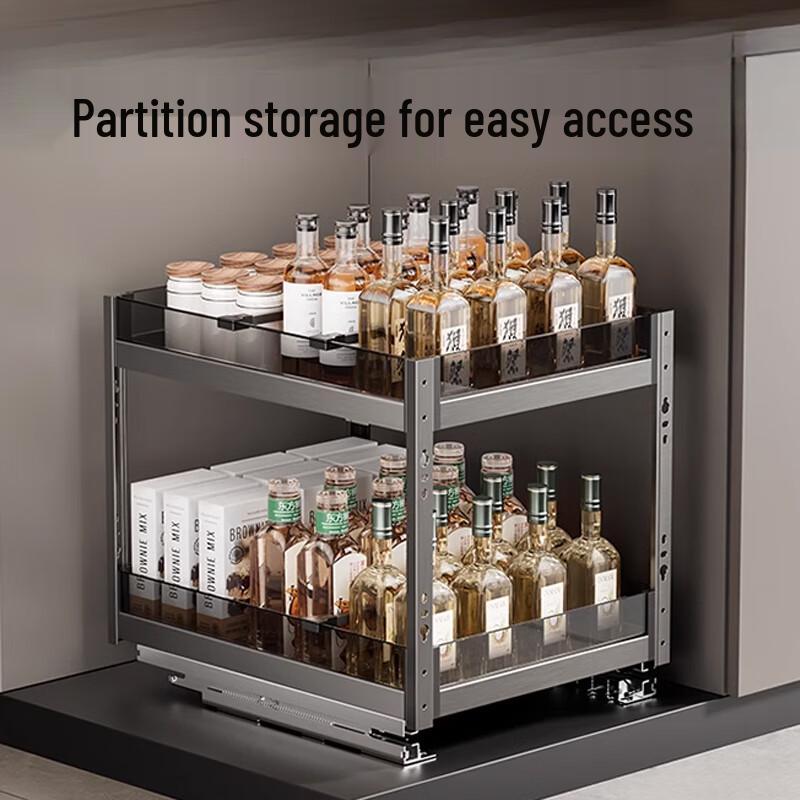 Yingbai 3-Layer Gun Grey Glass Seasoning Pull-Out Basket