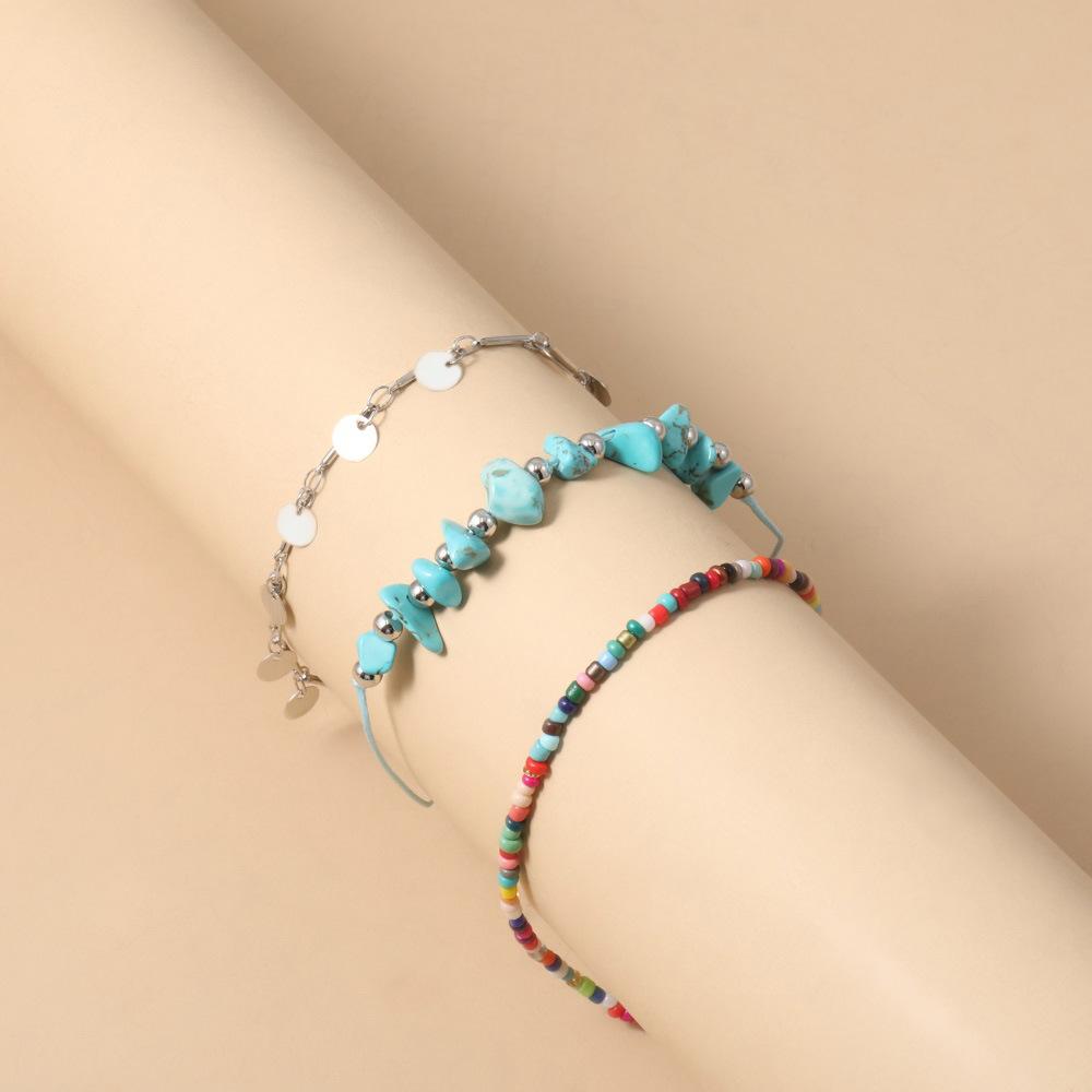 Accessories Bohemian Colored Rice Bead Anklet, Creative Metal Disc Pendant Anklet