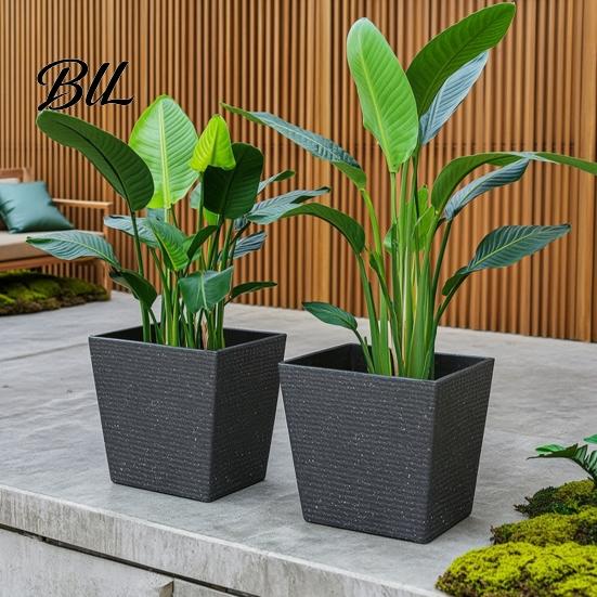 Thickened Wear Resistant Container Square Plastic Flower Pot, Stone-Look Planter with Drainage Hole, Modern Plant Pot for Indoor Outdoor Plants,
