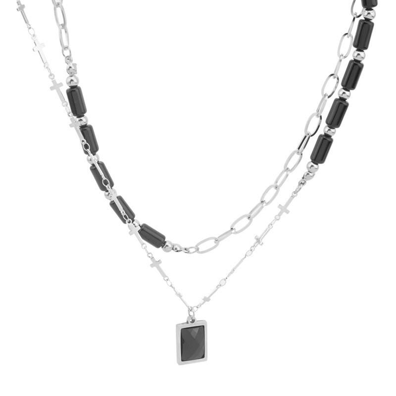 Double Layer Cross Pendant Necklace Women Titanium Steel O-Chain Geometric Minimalist Choker Statement Jewelry