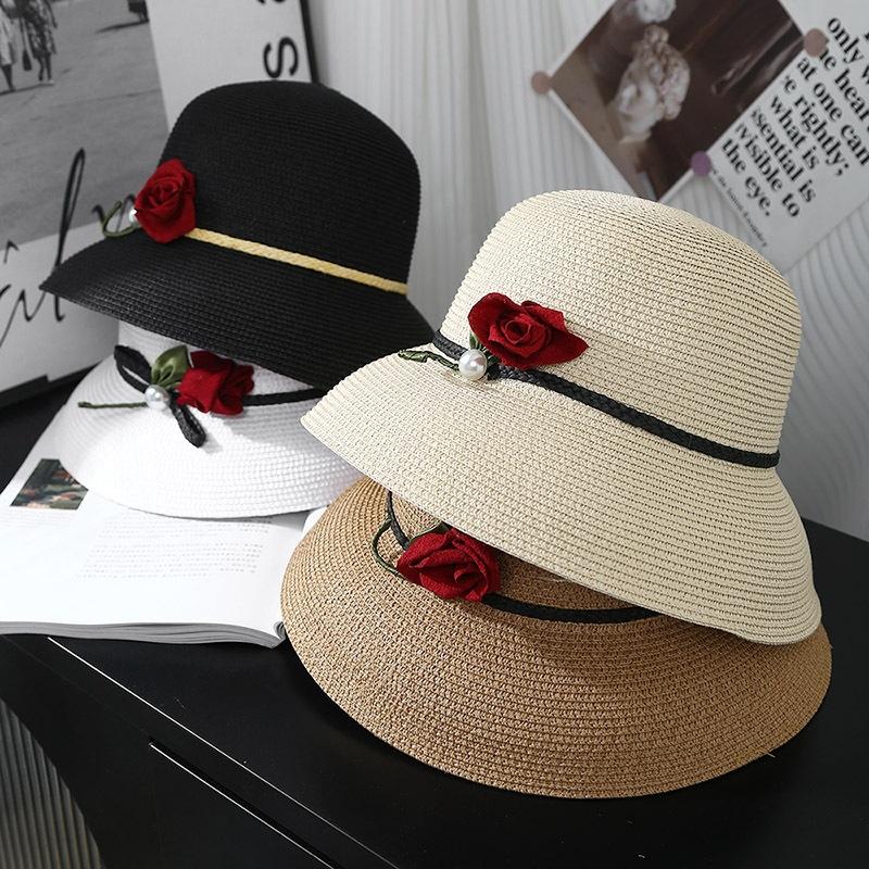 Elegant Temperament, Rose grass Woven Sun Hat, Fisherman's Hat, Children's 2025 Spring New Wide Brimmed Face Covering Hat