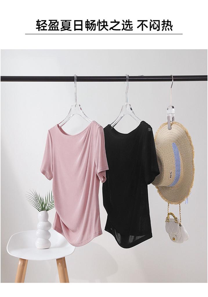 One collar vinegar fiber short sleeved T-shirt for women in 2026 summer, versatile and slimming, pleated waist cinching top