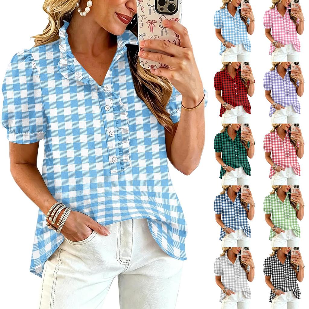 Blusa Informal de Moda para Mujer con Volantes, Cuello en V, Estampado a Cuadros, Manga Corta, Botones, Corte Holgado, para el Día a Día, Oficina