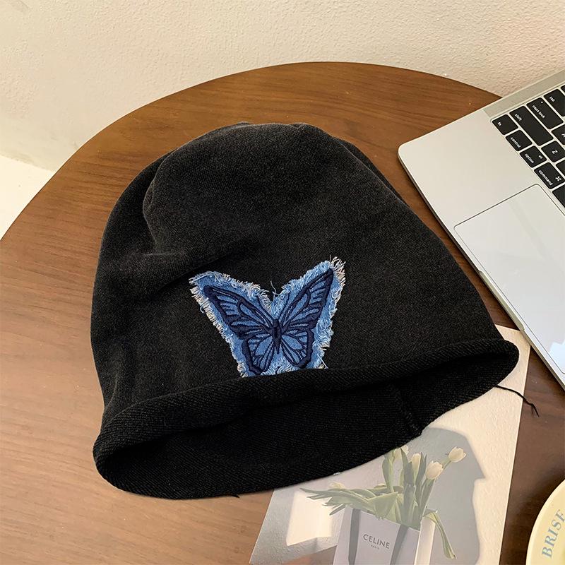 Women's Butterfly Retro Knitted Hat - Autumn/Winter Warm, Solid Color, Rolled Edge Pullover, Small Face Enhancing Design