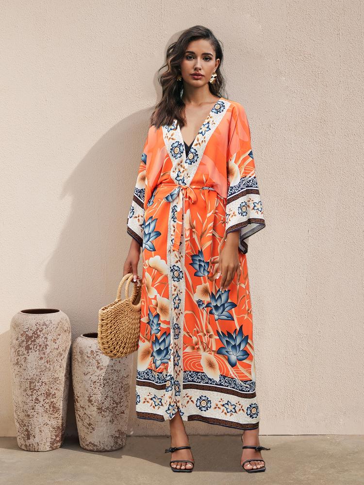 EDOLYNSA 2024 Bikini-Vertuschungen, rosa, Boho-Druck, selbstgürtelnd, vorne offen, langes Kimono-Kleid, Strand-Tunika, Damen-Badeanzug-Vertuschung