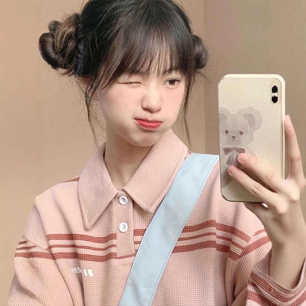 

American Retro Polo Collar Waffle Sweatshirt - Women s Loose College Style Pullover for Autumn/Spring 2XL [140-160 lbs]