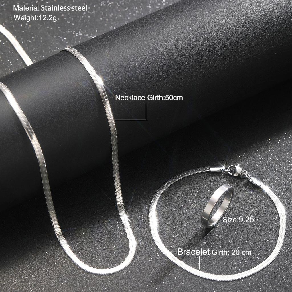JG 3-piece  Plated Stainless Steel Snake Chain Necklace, Bracelet, and Ring, Suitable for Men - Casual Style Fashionable Jewelry Set