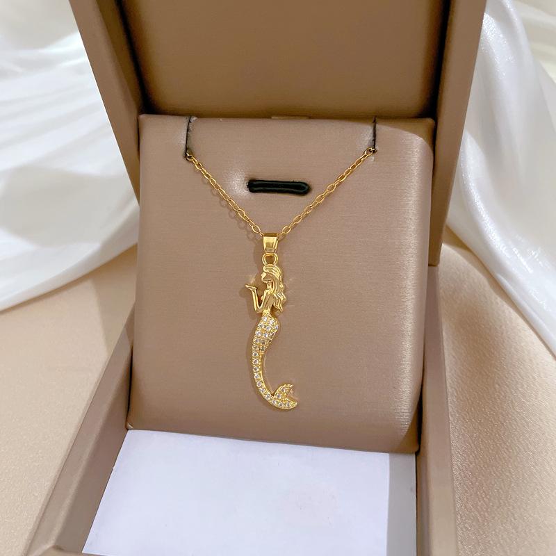 Titanium Steel Mermaid Full Diamond Light Luxury Temperament Gorgeous Full Diamond Necklace Female Versatile Collarbone Chain Titanium Steel Chain