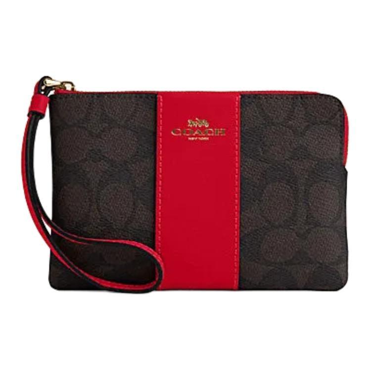 Coach Corner Zip Artificial Leather, Cow Split Leather Wrist Bag Clutch Small Women's Walnut & Red CW854-IMXD0