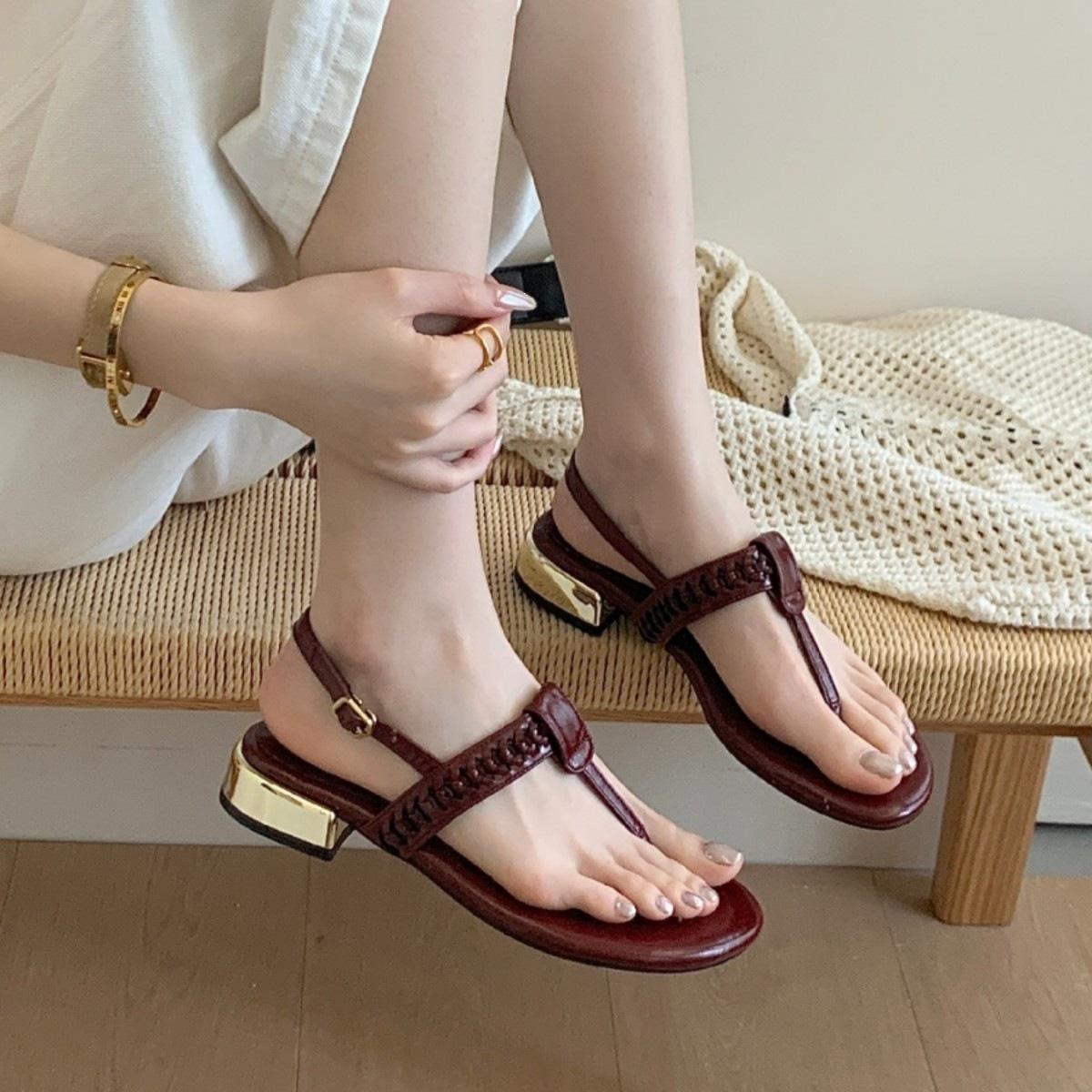 

French Thick Heel Toe Sandals Women S Shoes Summer Vacation Travel Beach Shoes Pinch Feet Roman Sandals Women 40
