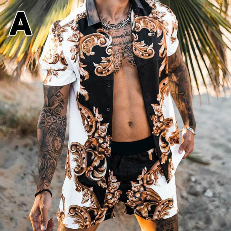 

MAITA Мужская пляжная рубашка с коротким рукавом Комплект из полиэстера Шорты из двух частей Кокосовый принт Повседневный спортивный костюм Мода S