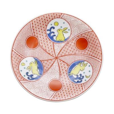 Hergestellt in Japan, Kutani-Keramik, Kutani Gosai Keramik, magnetisch, kleiner Teller, glücklicher kleiner Teller, Geschirr, japanisches Geschirr, 12cm, Kaninchen-Design, lebhaft