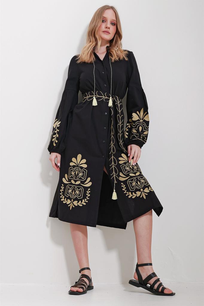 Women's Hijab Dress New Season Fashion Black Magnetic Collar Belted Double Slit Linen Dress