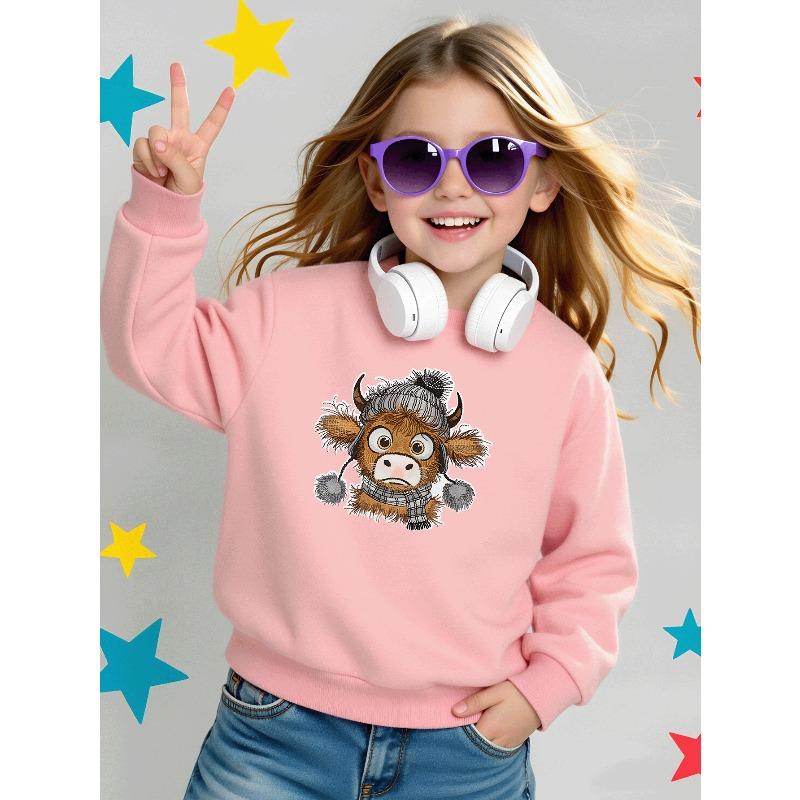 Kids Sweatshirt Crewneck Sweatshirt Cow Wearing Winter Hat And Scarf Machine Washable, Spring And Autumn, Sportswear And Casual Wear