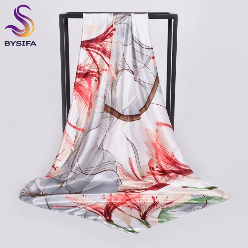 [BYSIFA] Scarf Hijab  New Ladies Grey Red Square Scarves Wraps Fashion Floral Design Satin Silk Scarf Shawl Pink Blue 90*90
