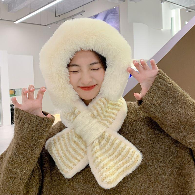 Autumn Winter Women's Versatile Cute Northeast Plush Lei Feng Hat with Integrated Scarf Ear Protection Warm Trendy Lei Feng Cap