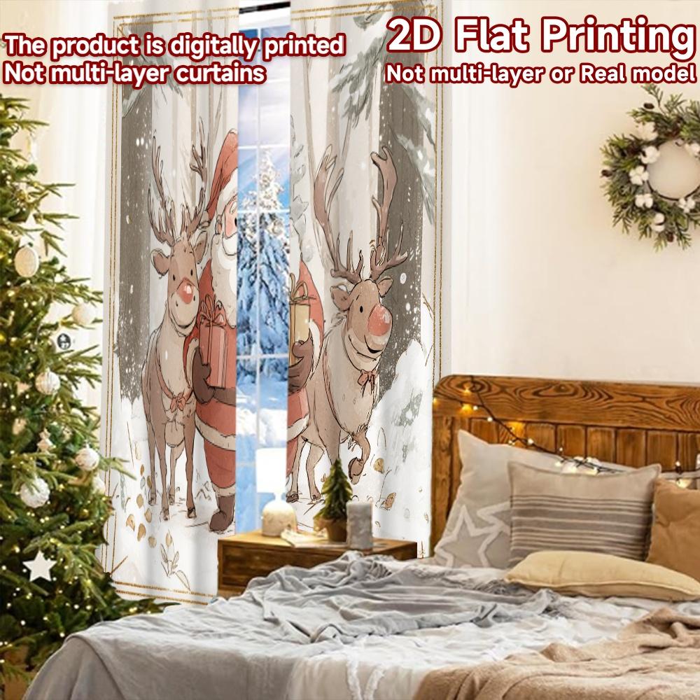 2pcs, 2D FLAT PRINTING Curtains (Without Rod) Santa and Reindeer Halloween Festival Popular Curtains&Drapes Semi-Sheer Curtains