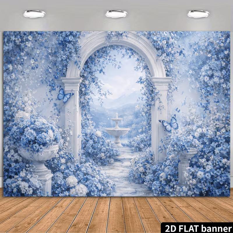 2D Dreamy Blue Floral Garden Backdrop, Watercolor Archway Party Banner