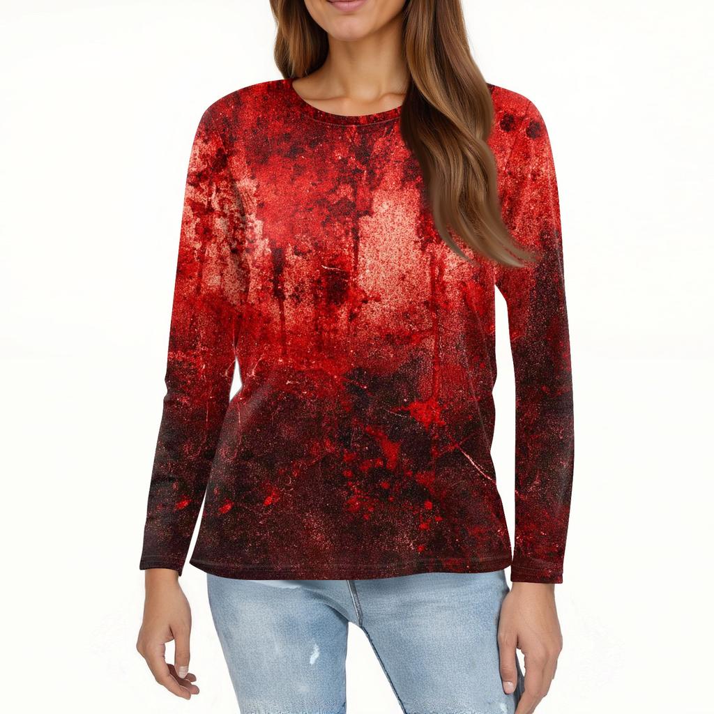 Women's Fashion Hem Slit Casual Halloween Printed Round Neck Long Sleeve Top