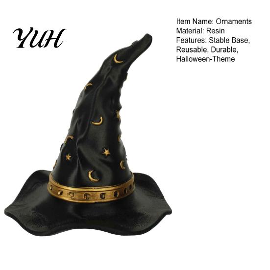 Halloween Home Interior Accents Resin Witch Hat Figurine, Wizard Statue with Star Moon Seasonal Window Display Ornaments Patterns, Gothic Desktop